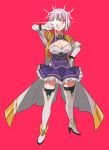  1girl bob_cut boots breasts cleavage dou_(mame_eee) dress epaulettes gloves glowing glowing_eye gridman_universe gridman_universe_(film) hand_on_own_hip highres large_breasts purple_dress purple_hair red_background red_eyes shinjou_akane thigh_boots thighhighs 