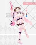  1girl adapted_costume blue_eyes boots brown_hair brown_pantyhose e.g.o_(project_moon) employee_(lobotomy_corporation) full_body goggles goggles_around_neck gun hair_ribbon handgun highres holding holding_weapon lobotomy_corporation looking_at_viewer open_mouth pantyhose pink_footwear pink_ribbon pink_skirt project_moon ribbon skirt solo sweater thigh_boots thighhighs two_side_up weapon white_sweater white_thighhighs yor_hedera86 