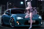  1girl absurdres animal_ear_fluff animal_ears aqua_eyes bare_shoulders black_gloves black_leotard blue_footwear blush bracelet breasts car cat_ears cat_girl cat_tail checkered_flag city cleavage closed_mouth collarbone commission covered_navel elbow_gloves flag full_body full_moon gloves grey_hair hand_on_own_hip high_heels highres holding holding_flag jewelry kcar66t kneehighs large_breasts leg_up leotard long_hair looking_at_viewer moon motor_vehicle night original outdoors pasties pixiv_commission race_queen road scion_fr-s shoes single_shoe socks solo standing standing_on_one_leg street tail thigh_strap very_long_hair white_socks 
