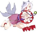  1girl animal_ears barefoot chamaruk dog_ears dog_tail fang fingernails foothold_trap frilled_skirt frills full_body grey_hair mitsugashira_enoko multiple_tails nail_polish open_mouth pink_skirt purple_shirt red_eyes red_nails shirt short_hair short_sleeves simple_background skirt smile solo tail toenail_polish toenails touhou white_background 