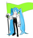  1girl aqua_eyes aqua_hair black_bodysuit black_gloves bodysuit copyright_name cropped_jacket flag full_body gloves goodsmile_racing green_gloves hair_between_eyes hair_ornament hand_up hatsune_miku high_collar holding holding_flag jacket kokaki_mumose long_hair long_sleeves no_mouth puffy_long_sleeves puffy_sleeves racing_miku racing_miku_(2022) simple_background solid_oval_eyes solo standing twintails two-tone_gloves very_long_hair vocaloid white_background white_jacket 