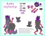  2_tails absurd_res anthro ashe_infinity canid canine collar fox fur glowing glowing_eyes grey_body grey_fur hair hi_res highlights_(coloring) infinity_symbol knightxayvion male mammal model_sheet multi_tail multicolored_body multicolored_fur multicolored_hair multicolored_tail open_mouth pawpads pink_body pink_fur pink_highlights purple_hair solo symbol tail 