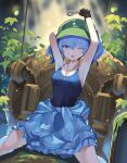  1girl armpits arms_up black_gloves blue_eyes blue_hair blue_one-piece_swimsuit breasts clothes_around_waist commentary_request falken_(yutozin) flat_cap gloves green_headwear hat highres holding holding_wrench jacket jacket_around_waist jewelry kawashiro_nitori key key_necklace looking_at_viewer necklace one-piece_swimsuit one_eye_closed open_mouth photoshop_(medium) plant revision sitting solo swimsuit swimsuit_under_clothes touhou twintails wrench 