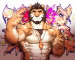  1boy abs alca_the_lion animal_ears bara chest_tuft flame_necklace flamel_symbol furry furry_male gyee large_pectorals lion_boy lion_ears looking_at_viewer male_focus muscular muscular_male no_nipples nude one_eye_closed original pectorals reed_orison short_hair solo stomach 