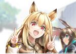  2girls :d amiya_(arknights) animal_ears arknights blonde_hair blurry ceobe_(arknights) commentary_request dog_ears double_v jacket long_hair long_sleeves looking_at_viewer multiple_girls open_mouth red_eyes smile v very_long_hair yokaze_(yokajie) 