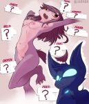  2021 absurd_res anthro artist_name blue_eyes blue_nose breasts brown_hair digital_media_(artwork) duo female glowing glowing_eyes hair head_tuft hi_res jarnqk mammal mimir_(jarnqk) mink mustelid musteline nipples nude open_mouth pink_nipples pink_nose robin_(jarnqk) sleep_paralysis_demon teeth thinking thinking_pose true_musteline tuft 