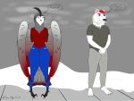  anthro avian barefoot bbear bear biped bird blue_bottomwear blue_clothing blue_jeans blue_pants bottomwear breasts claws clothed clothing curvy_figure dated denim denim_clothing digital_media_(artwork) duo feet female fingers fur gregg_(bbear) hair hi_res jeans male mammal neck_tuft owl pants polar_bear red_hair shaking shirt shivering signature simple_background smile snow standing sweater tail text thick_thighs thought_bubble toes topwear tuft ursine voluptuous wings winter 