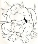  2005 4_fingers 4_toes anthro apatosaurus astor big_abs big_biceps big_bulge big_muscles big_pecs big_quads body_size_growth bulge clothing crouching damaged_ceiling dinosaur diplodocid feet fingers inside l._frank long_tail male monochrome mostly_nude muscular muscular_anthro muscular_male pecs pen_(artwork) reptile sauropod scalie size_transformation solo tail toes traditional_media_(artwork) transformation underwear 