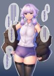  1girl absurdres bare_shoulders black_coat black_thighhighs breasts closed_mouth coat collared_shirt cowboy_shot dolphin_shorts highres long_sleeves looking_at_viewer nicchi open_clothes open_coat outline purple_eyes purple_hair purple_shorts shirt short_hair short_hair_with_long_locks short_shorts shorts sidelocks skindentation small_breasts solo speech_bubble thighhighs translation_request vocaloid voiceroid white_outline white_shirt yuzuki_yukari 