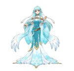  1girl bare_shoulders blue_hair dress feather_trim feathers fire_emblem fire_emblem:_the_blazing_blade fire_emblem_heroes from_side full_body hair_ornament highres light_blue_hair long_dress long_hair looking_at_viewer ninian_(fire_emblem) official_alternate_costume official_art open_mouth red_eyes sidelocks smile snowflake_print solo white_feathers 