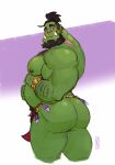  1boy absurdres ass ass_hair bara beard belly blush chest_hair colored_skin cropped_legs facial_hair feathers from_behind green_skin high_ponytail highres huge_ass large_pectorals male_focus male_pubic_hair mature_male monster_boy muscular muscular_male nipple_piercing nipple_rings orc original pectorals piercing pubic_hair short_hair solo standing thick_eyebrows thick_thighs thighs toasty_buns topless_male tusks 