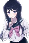  1girl :o arm_behind_back black_hair black_sailor_collar black_skirt blue_eyes bow bowtie collarbone danganronpa:_trigger_happy_havoc danganronpa_(series) fuyu_ko hair_ornament hairclip hand_up highres index_finger_raised long_hair long_sleeves maizono_sayaka pink_bow pink_bowtie pleated_skirt sailor_collar shirt simple_background skirt solo white_background white_shirt 