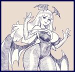  1girl blunt_bangs breasts cleavage demon_girl demon_wings elbow_gloves fingerless_gloves gloves greyscale head_wings highres large_breasts leotard long_hair looking_at_viewer monochrome morrigan_aensland pantyhose parted_lips picote smile solo vampire_(game) wings 