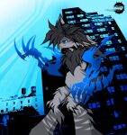  1_eye 2000s_(media) absurd_res blue_eyes city city_background claws fan_character fin fin_hair fur grey_body grey_fin grey_fur hi_res ianmata1998 kingdom_hearts_3 male monster noise pseudo_hair serious serious_face solo tail the_world_ends_with_you 