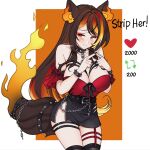  1girl animal_ears bare_shoulders black_ribbon black_skirt blush breasts chain chest_harness choker detached_sleeves flame-tipped_tail harness highres large_breasts like_and_retweet meowyin orange_eyes ribbon sinder_(vtuber) skirt spikes striped_hair tail thigh_strap virtual_youtuber wolf_ears wolf_girl wolf_tail 