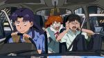  1boy 2girls anger_vein annoyed bags_under_eyes black_eyes black_hair black_pants blue_shirt blue_skirt car_interior closed_eyes closed_mouth collared_shirt commentary covering_own_ears driving earrings english_commentary frown highres ikari_shinji interface_headset jewelry katsuragi_misato knees_up long_hair multiple_girls neck_ribbon neon_genesis_evangelion open_mouth orange_hair pants purple_hair rear-view_mirror red_ribbon ribbon right-hand_drive saplemu school_uniform seatbelt shirt short_hair short_sleeves shouting sitting skirt souryuu_asuka_langley steering_wheel stud_earrings suspender_skirt suspenders teeth tokyo-3_middle_school_uniform upper_teeth_only v-shaped_eyebrows watch white_shirt wristwatch 