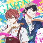  2boys bishounen black_hair closed_mouth english_text given grey_headwear highres jumpsuit light_smile looking_at_viewer male_focus mi_muuuu multicolored_background multiple_boys paint_splatter paint_splatter_on_face paintbrush painting_(action) red_eyes red_hair red_jumpsuit satou_mafuyu shirt uenoyama_ritsuka white_shirt 