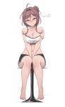  1girl absurdres bar_stool between_legs blush breasts brown_hair crop_top dolphin_shorts hand_between_legs highres indie_virtual_youtuber looking_at_viewer miori_celesta myth1carts no_shoes shorts simple_background sitting smile solo stool watermark 