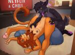  anthro ass_up bean_bag black_body black_fur blush bodily_fluids breast_grab breasts brown_hair cunnilingus duo felid feline female female/female fur green_eyes hair hand_on_breast hi_res in_side lion lynx mammal munneh netflix netflix_and_chill nude oral pantherine pawpads purple_tongue saliva sex tail tail_tuft television tongue tongue_out tuft vaginal 