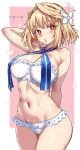  1girl ? absurdres arcueid_brunestud bandeau bare_shoulders bikini blonde_hair blush breasts bright_pupils cleavage ebora fate/grand_order fate_(series) flower hair_flower hair_intakes hair_ornament highres large_breasts looking_at_viewer navel neck_ribbon open_mouth red_eyes ribbon short_hair solo strapless strapless_bikini swimsuit thighs tsukihime white_bikini white_pupils 
