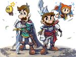  1other 3boys alternate_costume armor brothers brown_hair cape facial_hair floating full_body gloves green_tunic grey_pants highres holding holding_sword holding_weapon layered_sleeves long_sleeves looking_at_another luigi mari_luijiroh mario mario_&amp;_luigi:_dream_team mario_&amp;_luigi_rpg mario_(series) multiple_boys mustache over_shoulder pants pauldrons prince_dreambert short_hair short_over_long_sleeves short_sleeves shoulder_armor siblings simple_background sleeveless standing starlow sword weapon weapon_over_shoulder white_background white_gloves yellow_cape 