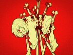  1other bleeding blood blood_on_clothes blood_on_leg blush_stickers bone boots chara_(undertale) dangling empty_eyes from_side full_body hair_over_one_eye impaled injury long_sleeves looking_at_viewer looking_to_the_side monochrome one_eye_covered other_focus red_background red_eyes short_hair shorts simple_background sleeves_past_fingers sleeves_past_wrists smile solo sweater undertale xigua648 