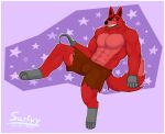  absurd_res anthro bottomwear bulge canid canine canis clothing eye_patch eyewear five_nights_at_freddy&#039;s fox foxy_(fnaf) fur hi_res male mammal muscular muscular_anthro muscular_male pants sarkvy scottgames simple_background solo 