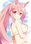  1girl animal_ears bikini blush breasts cloud cloudy_sky fox_ears hair_ornament hair_ribbon highres kazamatsuri_kazari large_breasts long_hair looking_at_viewer looking_back mizuki_(kogetsu-tei) original outdoors pink_hair ponytail red_eyes ribbon sky smile solo swimsuit very_long_hair white_bikini x_hair_ornament 