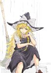  1girl bamboo_broom blonde_hair bow braid broom feet_out_of_frame hat hat_bow highres kashiwada_kiiho kirisame_marisa knee_up long_hair parted_lips shoes short_sleeves sitting socks solo touhou white_bow witch_hat yellow_eyes 