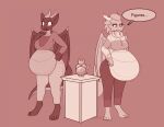  anthro big_breasts breasts bumpywish clothed clothing colored dialogue dragon duo english_text female fertility_idol hi_res horn pillar pregnant rapid_pregnancy red_body speech_bubble standing surprised_expression text thick_thighs upset wings 