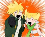  !? 2boys barry_(pokemon) black_gloves blonde_hair clenched_hand closed_eyes commentary_request father_and_son gloves kanianoreki lower_teeth_only male_focus multiple_boys open_mouth orange_background palmer_(pokemon) pokemon pokemon_(game) pokemon_dppt scarf teeth upper_body v-shaped_eyebrows 