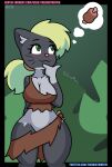  anthro blush clothing felid female food fur green_eyes green_hair grey_body grey_fur hair hi_res looking_away looking_up mammal meat pink_nose ponytail signature simple_background solo text theidiotmuffin thought_bubble torn_clothing url whiskers 