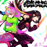  2girls asymmetrical_legwear back-to-back black_hair bodysuit breasts commentary_request english_text girls&#039;_frontline girls&#039;_frontline_neural_cloud green_jacket highres jacket large_breasts long_hair multicolored_hair multiple_girls nascita_(girls&#039;_frontline_nc) open_mouth pink_eyes pink_hair purple_bodysuit puzzle_(girls&#039;_frontline_nc) symbol-shaped_pupils tarano_(tsumugiko) torn_bodysuit torn_clothes 