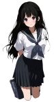  1girl absurdres alternate_hairstyle arms_behind_back black_hair breasts chitanda_eru green_eyes highres hyouka kamiyama_high_school_uniform_(hyouka) long_hair looking_at_viewer mery_(yangmalgage) purple_eyes school_uniform serafuku shirt simple_background skirt smile solo white_background 