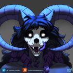  absurd_res anthro black_body black_fur black_hair bodily_fluids bone braided_hair canid canine canis fur hair hi_res horn licking licking_lips long_hair male mammal purple_eyes purple_hair saliva skull skull_head smile smiling_at_viewer solo teeth tongue tongue_out umbraunderscore wolf 