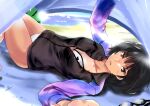  1girl amagami beach beach_towel bikini black_hair black_jacket blurry blush bokeh breasts brown_eyes cleavage collarbone commentary depth_of_field feet_out_of_frame food fruit goggles jacket jacket_over_swimsuit knees_up light_rays looking_at_viewer lying messy_hair multicolored_clothes multicolored_jacket murasaki_iro nanasaki_ai ocean on_back parted_lips partially_unzipped purple_jacket raglan_sleeves sand selfie short_hair small_breasts solo sunbeam sunlight swimsuit tent towel two-tone_jacket water watermelon white_bikini 