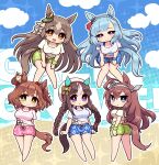  5girls ahoge animal_ears arms_behind_back aston_machan_(umamusume) barefoot beach blue_eyes blue_hair blue_shorts blush bow braid breasts brown_hair chibi cleavage closed_mouth commentary_request crown_braid ear_bow ear_covers ear_ornament floral_print french_braid full_body gaze_on_me!_outfit_(umamusume) green_shorts hair_between_eyes highres hokko_tarumae_(umamusume) horse_ears horse_girl horse_tail large_breasts long_hair looking_at_viewer medium_hair mejiro_ardan_(umamusume) midriff mihono_bourbon_(umamusume) multicolored_hair multiple_girls navel open_mouth outdoors pink_shorts ponytail purple_eyes sand satono_diamond_(umamusume) scrunchie shirt short_sleeves shorts silver_hairband simoyuki smile streaked_hair tail tail_through_clothes teeth tied_shirt tilted_headwear twin_braids umamusume upper_teeth_only very_long_hair water white_hair white_headwear white_shirt wrist_scrunchie yellow_eyes 