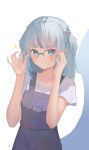  1girl absurdres animal_ears aqua_eyes blue_eyes blue_hair blush gawr_gura glasses gradient_clothes grey_hair highres hololive looking_at_viewer medium_hair multicolored_hair shirt streaked_hair t-shirt tachibana_shiori_(suica_112) upper_body white_shirt 