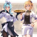  black_hairband black_pantyhose blonde_hair blue_hair eula_(genshin_impact) eula_(pizza_hut)_(genshin_impact) food genshin_impact hairband highres holding holding_food holding_pizza jean_(genshin_impact) jean_(pizza_alvolo)_(genshin_impact) mon-chan pantyhose pizza 