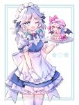  apron bat_wings blue_eyes blue_hair bow braid commentary dress frilled_dress frills gloves grey_hair hair_bow hat izayoi_sakuya maid_apron maid_headdress mini_person miy_001 mob_cap on_plate one_eye_closed open_mouth pink_eyes puffy_short_sleeves puffy_sleeves remilia_scarlet short_sleeves size_difference slit_pupils symbol-only_commentary thighhighs touhou twin_braids white_gloves white_thighhighs wings 