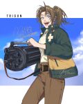  1girl artist_name blue_eyes blue_sky brown_hair character_name cloud cloudy_sky copyright_name cowboy_shot cross english_text gun highres holding holding_gun holding_weapon looking_at_viewer machine_gun medium_hair milly_thompson mobbonguyen open_mouth ponytail sky smile teeth tongue trigun trigun_stampede weapon 