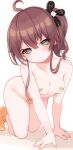  1girl absurdres ahoge all_fours bandaid bandaid_on_pussy bandaids_on_nipples blush breasts brown_hair facing_viewer green_eyes hair_between_eyes hair_ribbon half-closed_eyes highres hololive kneeling kojou_gunshi long_hair looking_at_viewer natsuiro_matsuri nude pasties pout ribbon ringed_eyes shadow side_ponytail small_breasts socks solo thick_eyelashes virtual_youtuber white_background yellow_socks 