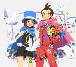  ! 1boy 1girl :d ace_(playing_card) ace_attorney ace_of_spades antenna_hair apollo_justice arm_at_side arms_at_sides bird black_dress blue_cape blue_eyes blue_flower blue_headwear blue_necktie blush brooch brother_and_sister brown_eyes brown_hair buttons cape card club_(shape) confetti diamond_(shape) diamond_button dot_nose dress flower forked_eyebrows gem gloves green_gemstone half-siblings hat heart jewelry juukyuu_mame musical_note necktie open_mouth orange_flower pants pink_cape playing_card print_cape purple_flower red_flower red_pants red_scarf red_suit red_vest ribbon scarf shirt short_dress short_hair siblings smile spade_(shape) spoken_exclamation_mark spoken_musical_note suit surprised sweat swept_bangs top_hat trucy_wright two_of_diamonds v-shaped_eyebrows vest white_bird white_gloves white_rabbit_(animal) white_shirt yellow_flower 