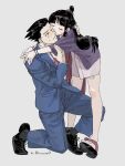  1boy 1girl ace_attorney black_footwear black_hair blue_suit blunt_bangs closed_mouth forehead formal full_body hetero highres hug japanese_clothes kimono kiss kissing_cheek leaning_forward long_hair low-tied_long_hair maya_fey omen_hohoho on_one_knee own_hands_together phoenix_wright purple_kimono simple_background suit sweatdrop toes zouri 
