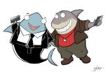  2023 absurd_res anthro biped clothed clothing crisis1983 dreamworks duo fish front_view full-length_portrait fully_clothed grey_body grin hi_res holding_object male marine mr._shark_(the_bad_guys) necktie portrait shark sharp_teeth signature simple_background smile square_crossover standing suit teeth the_bad_guys the_bad_guys_(book) white_background 