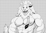  anthro areola biceps eyebrows felid horn inner_ear_fluff lion male mammal mane monochrome mumu202 mumu_(mumu202) muscular muscular_anthro muscular_male necktie nipples open_mouth open_smile pantherine pecs smile solo tuft 