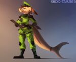  6-9 anthro boots clothing cybernetics cyborg female fish footwear gloves green_clothing hair handwear hi_res looking_back machine marine shark shido-tara simple_background solo spacesuit standing tablet tail uniform 
