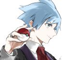  1boy closed_mouth collared_shirt commentary_request grey_eyes grey_hair haisato_(ddclown14) hand_up holding holding_poke_ball jacket jewelry long_sleeves male_focus necktie poke_ball poke_ball_(basic) pokemon pokemon_(game) pokemon_oras red_necktie ring shirt short_hair simple_background smile solo steven_stone upper_body white_background white_shirt 