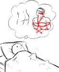  1boy artist_self-insert ass bara blank_eyes blank_stare blindfold erection_under_blanket imagining large_pectorals male_focus muscular muscular_male on_bed original pectorals personification red_rope rope shibari smokerichi spot_color thought_bubble yaoi 