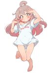  1girl ahoge ass_visible_through_thighs bare_arms bare_legs barefoot blush brown_eyes colored_inner_hair commentary_request feet full_body grey_hair grin hair_between_eyes hands_up hatafuta legs looking_at_viewer multicolored_hair no_pants off_shoulder onii-chan_wa_oshimai! oversized_clothes oversized_shirt oyama_mahiro pink_hair shirt short_sleeves simple_background single_bare_shoulder smile solo thigh_gap two-tone_hair w white_background white_shirt 